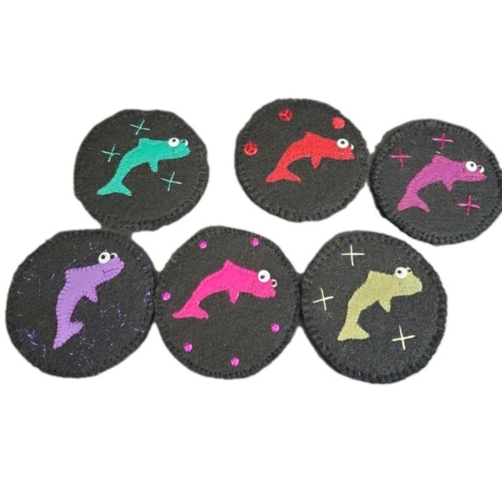 Set Of 6 Whimsical Felt Fish Coasters Black With Colorful Fish